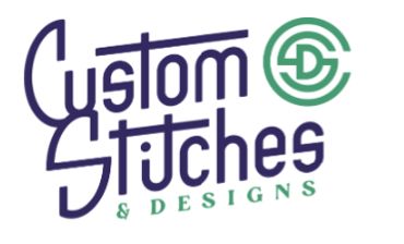Logo for Custom Stitches & Designs with stylized text and a green circular emblem.