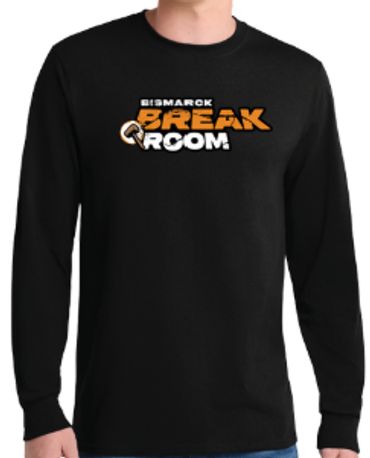 Black long-sleeve shirt with Bismarck Break Room logo.