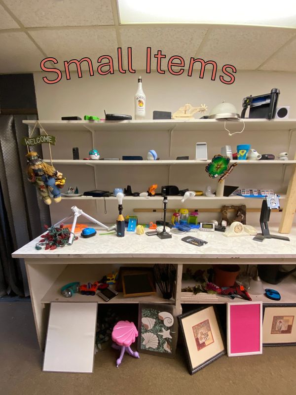 Various small items arranged on shelves and a table labeled "Small Items."