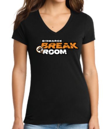 Black V-neck T-shirt with 'Bismarck Break Room' text and a mushroom graphic.