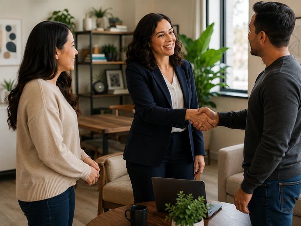 Three people shaking hands in a friendly meeting.