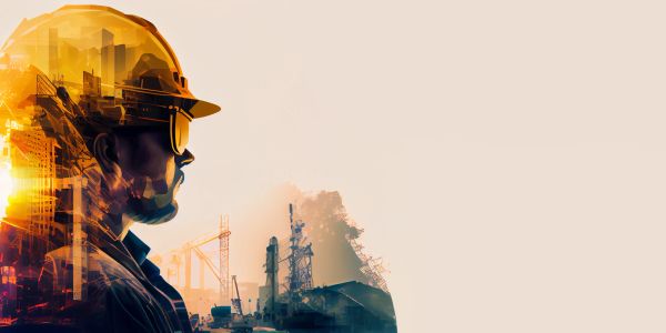 Double exposure of a construction worker with industrial background and sunset.