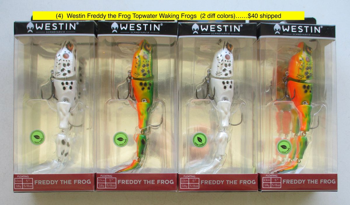 4) Westin Freddy The Frog Topwater Wakebait Frogs (2 diff colors, 2 of  each, 5/8 oz)
