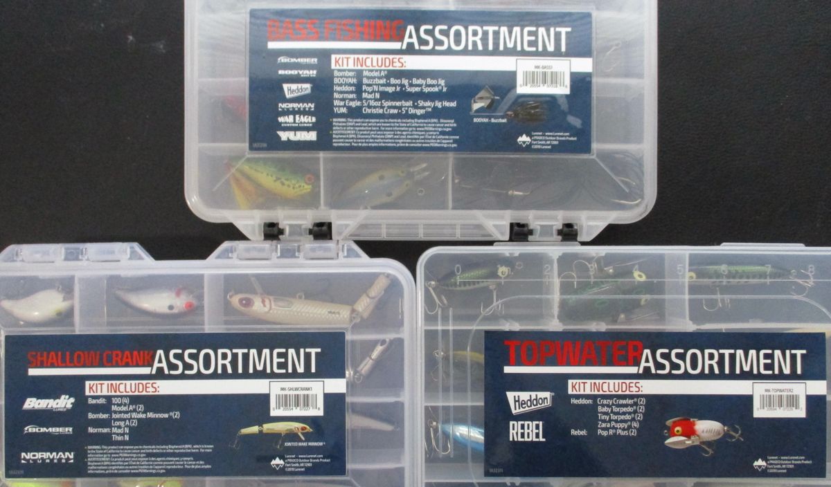 3) 12-pack Pradco Bass Tackle Kits (36 total lures, great variety, Bandit,  Bomber, Norman, Booyah