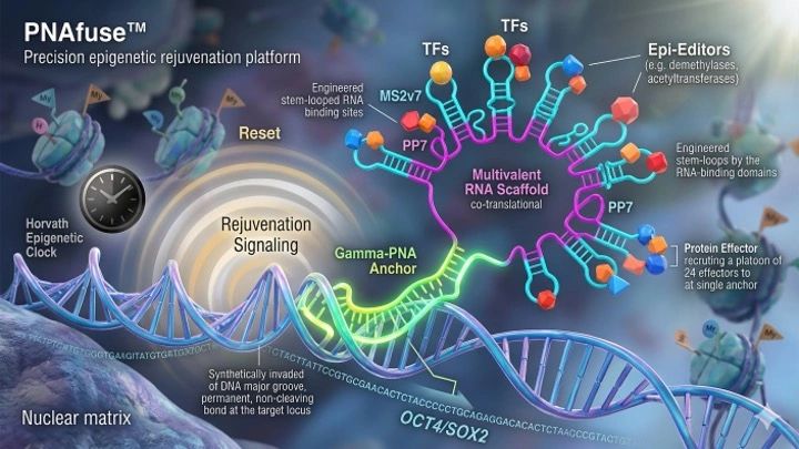 Diagram of PNAfuse platform for precision epigenetic rejuvenation using RNA scaffolds and effectors.
