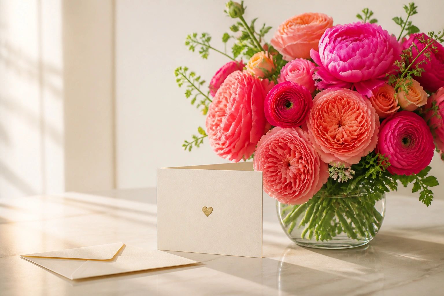 Fresh vibrant coral and pink flowers beside an ivory greeting card with a gold heart.