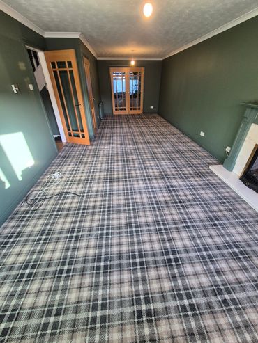 Empty room with green walls and plaid carpet flooring.
