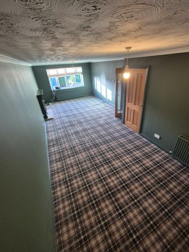 Empty room with green walls and plaid carpet flooring.