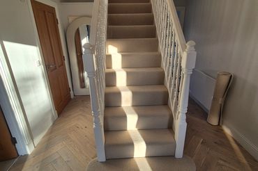 Carpeted staircase with white railing and wooden floor in a well-lit hallway.