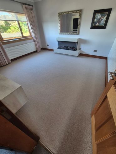 Empty room with beige carpet, a fireplace, and large window with curtains.