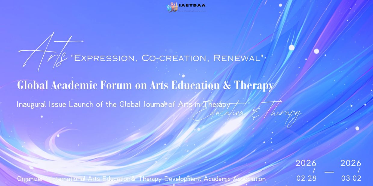 Global Academic Forum on Arts Education & Therapy event poster with swirling blue-purple background.