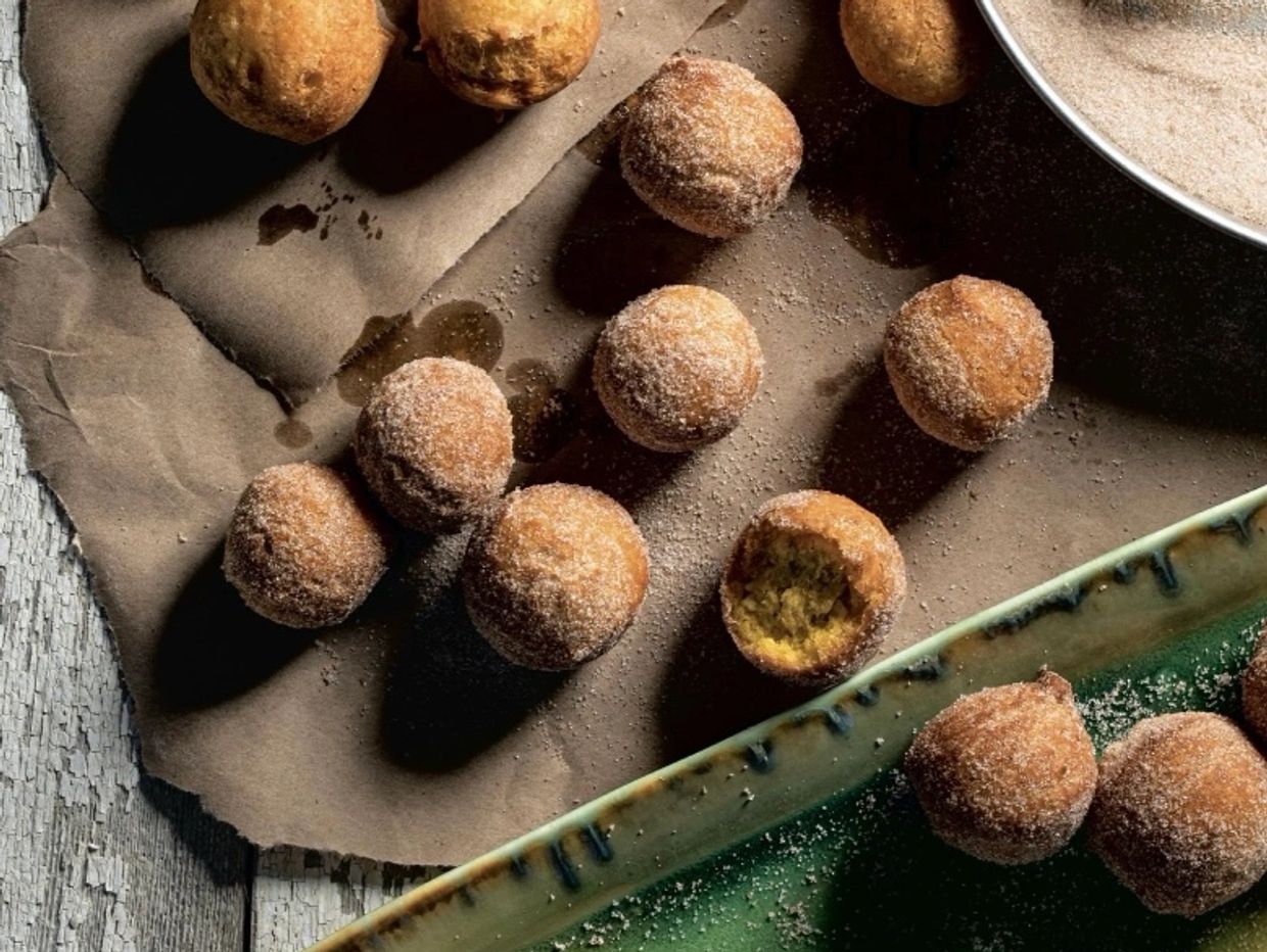 Winter Squash Doughnut Holes with a bowl of cinnamon sugar