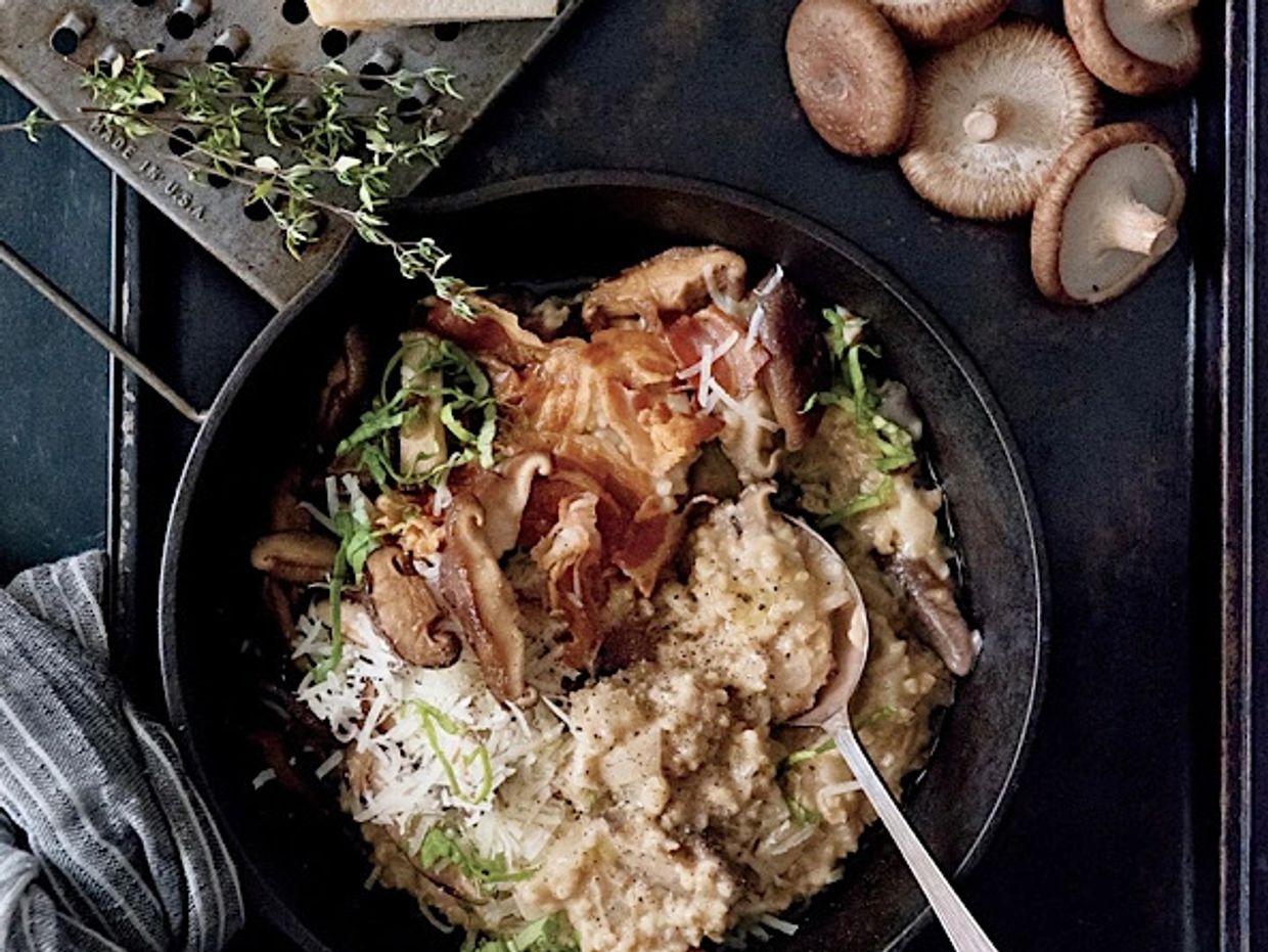 Vegetarian steel-cut oat risotto with shiitake mushrooms.