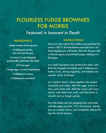 Recipe card for Flourless Fudge Brownies for Morris from The In Death Cookbook