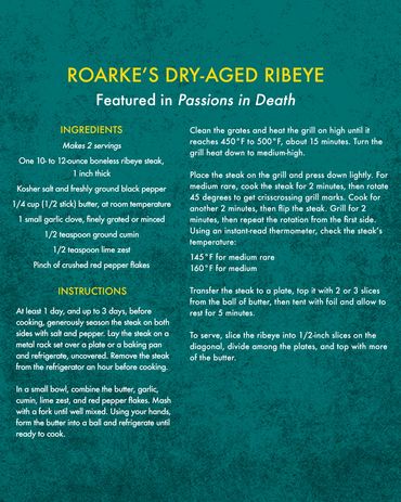 Recipe card for Roarke’s Dry-Aged Ribeye from The In Death Cookbook