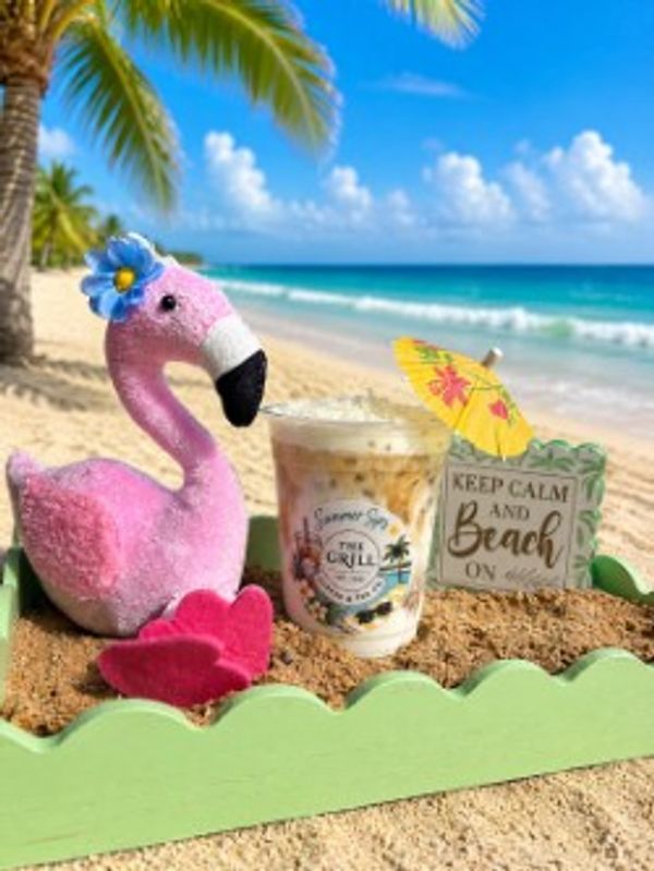 Decorative beach scene with a pink flamingo, iced coffee, and a 'Keep Calm and Beach On' sign.