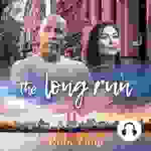 "The Long Run" by Ruby Lang cover. Townhouses in background, Older Black man and older Asian woman i