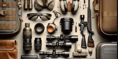 A collection of hunting and photography gear neatly arranged.