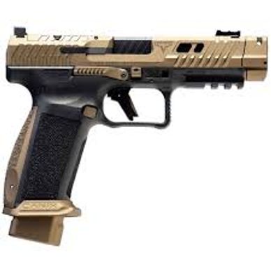 A modern semi-automatic handgun with tan and black finish.