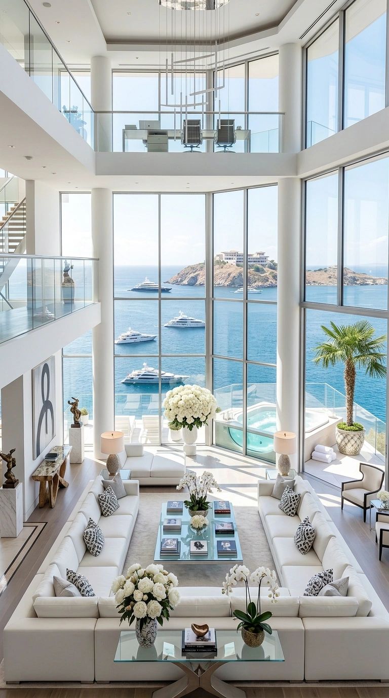 Luxurious oceanfront living room with large windows and modern decor.
