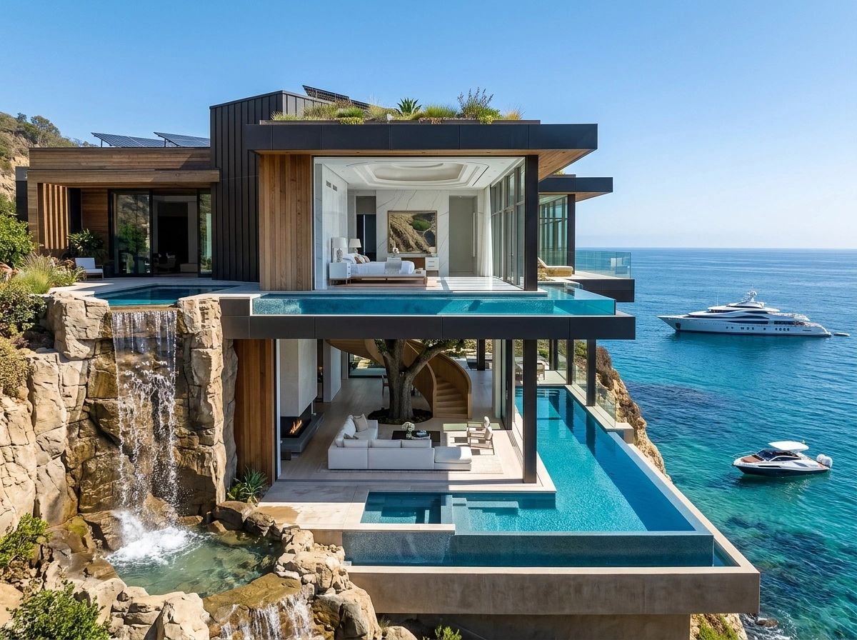 Luxurious oceanfront mansion with large windows and modern decor by the ocean.