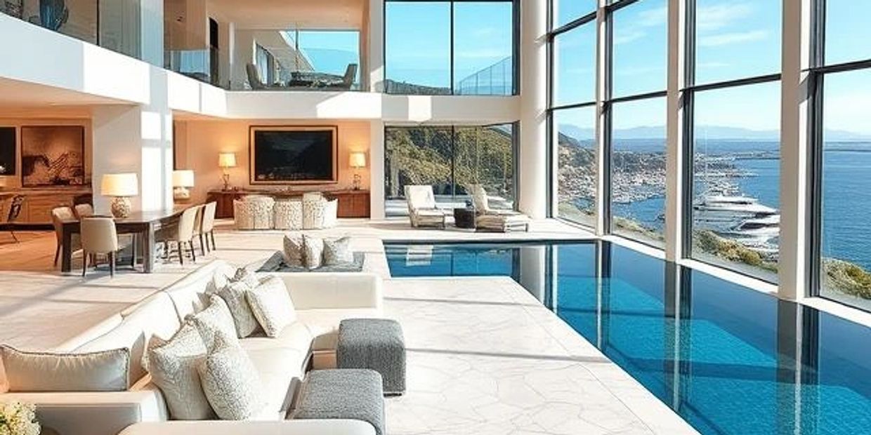 Luxurious living room with indoor pool and ocean view.
