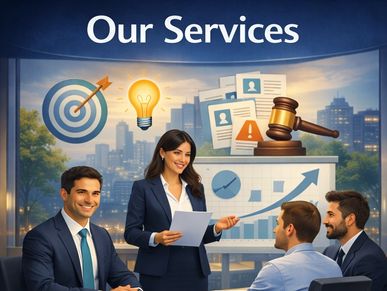 Business team presenting services with growth and legal icons.