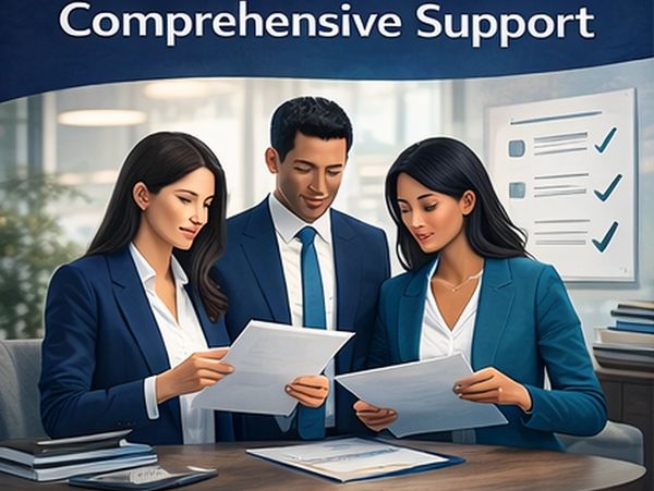 Three professionals reviewing documents under the heading 'Comprehensive Support'.