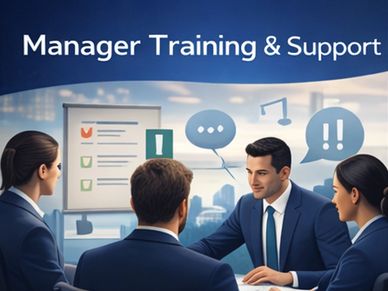 Business professionals engaged in a manager training and support session.