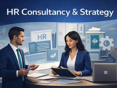 Two professionals discussing HR consultancy and strategy at an office desk.