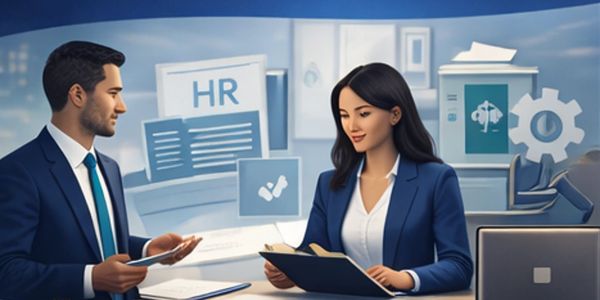 Two professionals discussing HR consultancy and strategy at an office desk.