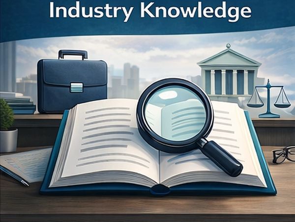 Open book with magnifying glass symbolizing industry knowledge and research.