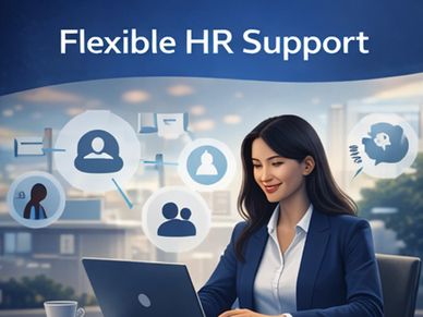 Professional woman working on laptop offering flexible HR support services.