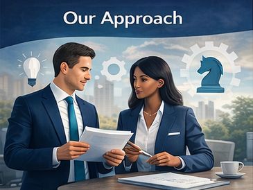 Two business professionals discussing strategy with symbolic icons in the background.