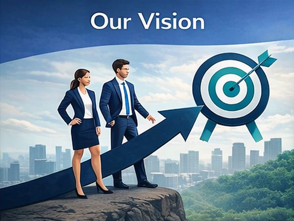 Two business professionals aiming for a target labeled 'Our Vision.'