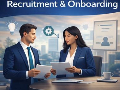 Two professionals discussing recruitment and onboarding processes in an office setting.