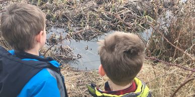 Two boys looking at a pond.