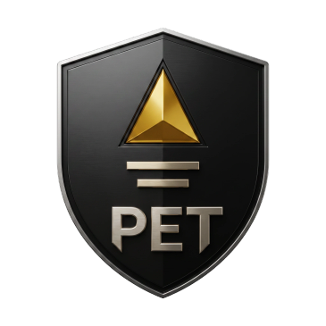 Shield logo with PET text and golden triangle.