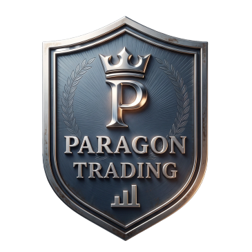 Metallic shield emblem with 'Paragon Trading' text.