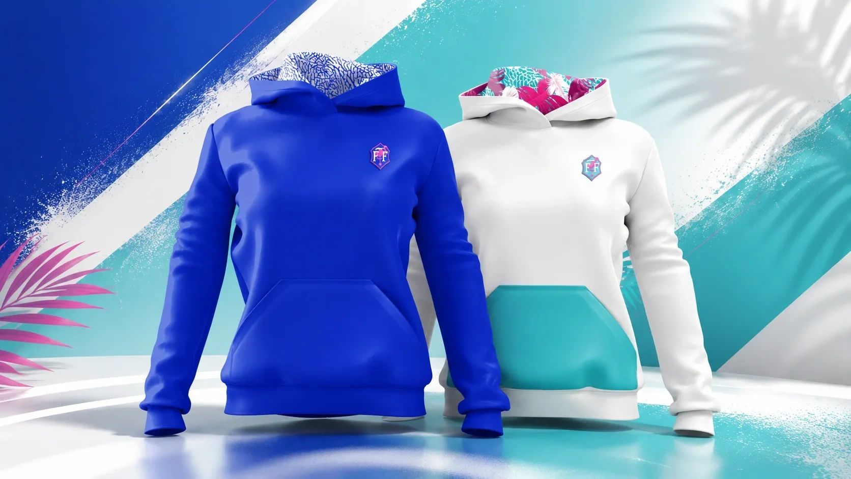 Two vibrant hoodies, one blue and one white with tropical inner linings, showcased on a colorful background.