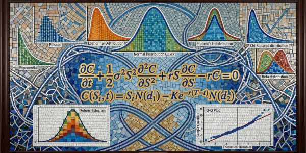 Mosaïque illustrant différentes distributions statistiques et équations mathématiques.