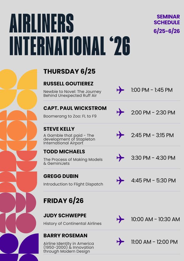 Seminar schedule for Airliners International '26 featuring aviation experts and topics on June 25-26.
