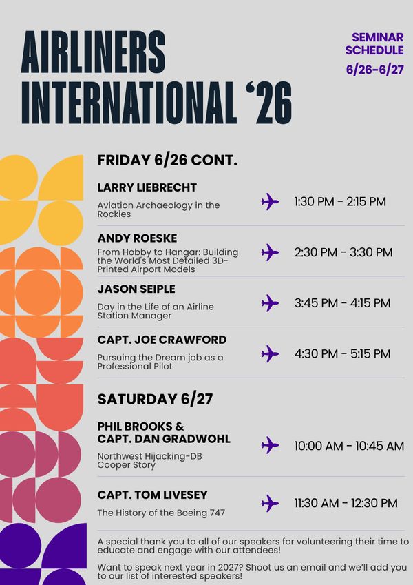 Schedule for Airliners International '26 seminar sessions on June 26-27 with aviation topics and speakers.