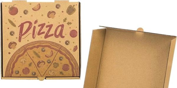 Two pizza boxes, one closed with design, one open and empty.