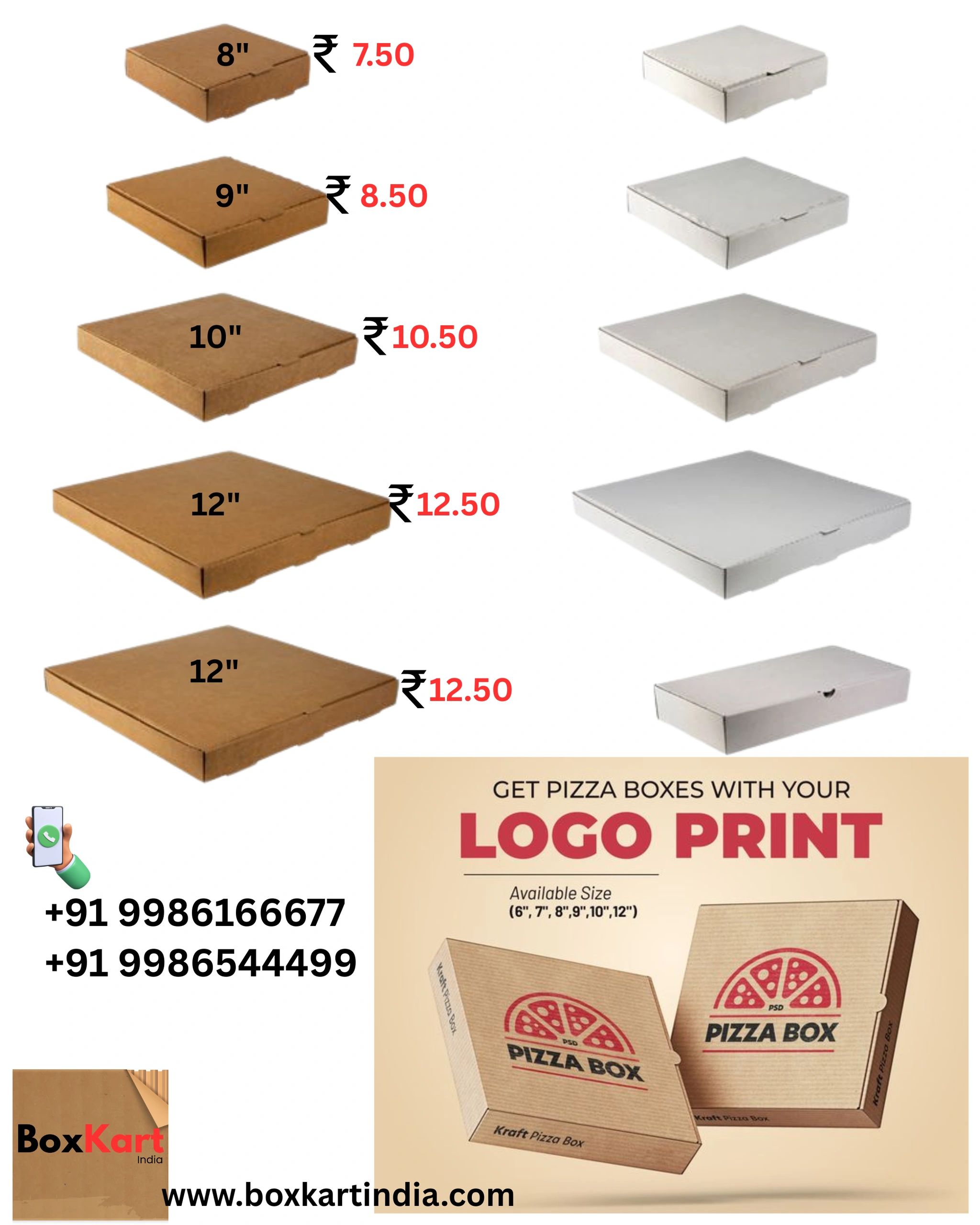 Variety of pizza boxes in different sizes and prices, customizable with logo print.