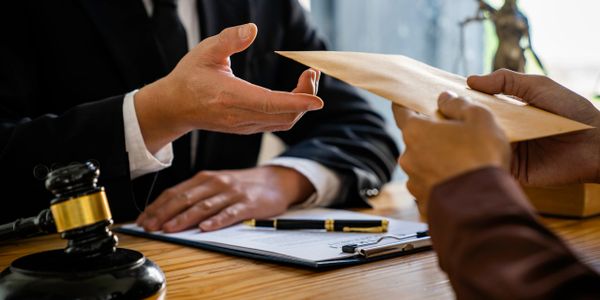 Two people exchanging a legal document in a formal setting.