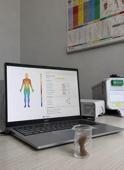 Laptop showing thermal body scan with hair sample in jar.