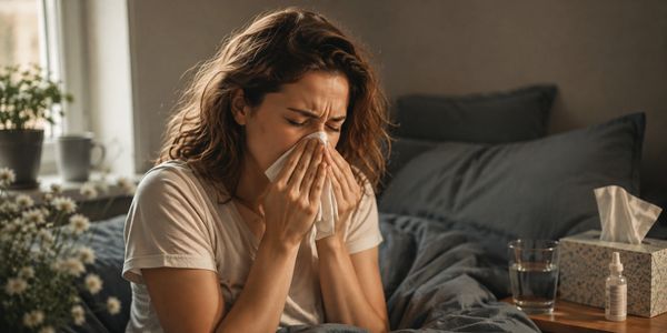 Woman sneezing with tissue in cozy bedroom.