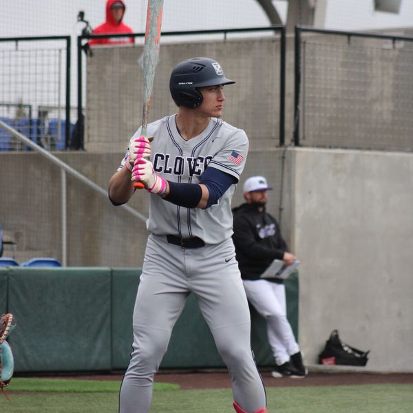 Baseball player in gray uniform preparing to bat during a game.