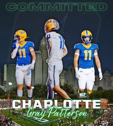 Football player Gray Patterson commits to Charlotte, shown in multiple poses with city background.